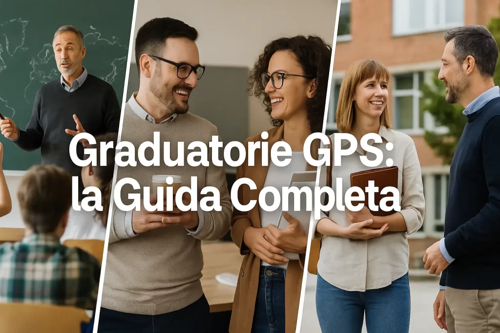immagine divisa in 3 parti irregolari, in ciascuna delle quali siano resenti dei docenti: in classe con gli alunni, in sala professori con i colleghi, nel cortile della scuola. In primo piano la scritta: "Graduatorie GPS: la Guida Completa"