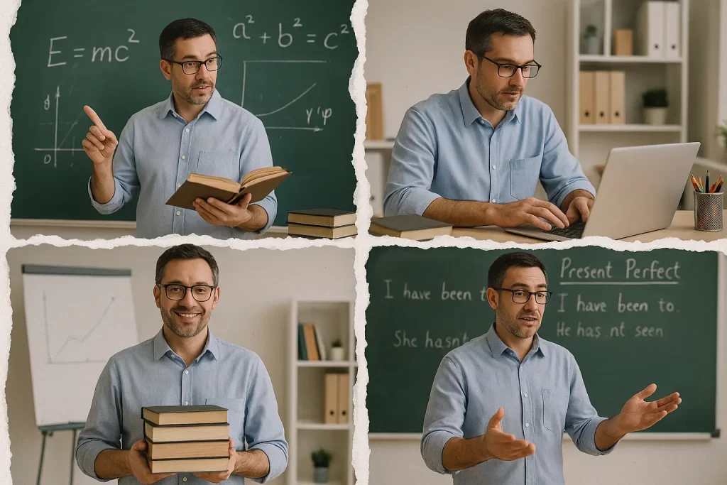 foto divisa in 4 parti come un foglio strappato in ognuna delle quali sia rappresentato un docente in diversi momenti della sua attività lavorativa