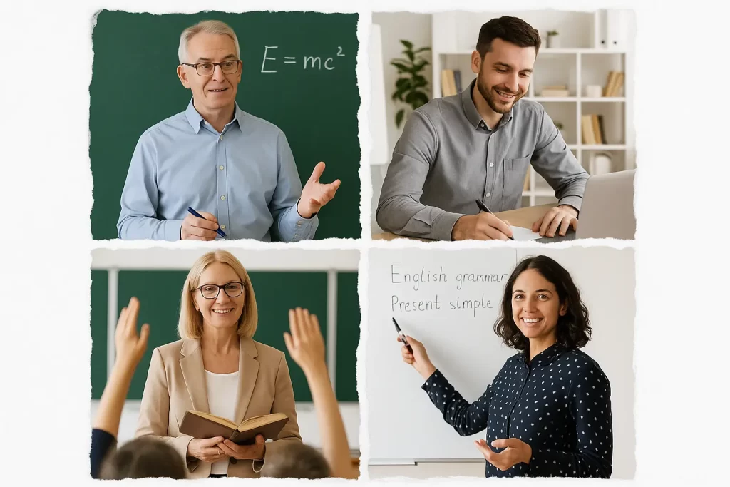 foto divisa in 4 parti come un foglio strappato in ognuna delle quali sia rappresentato un docente in diversi momenti della sua attività lavorativa