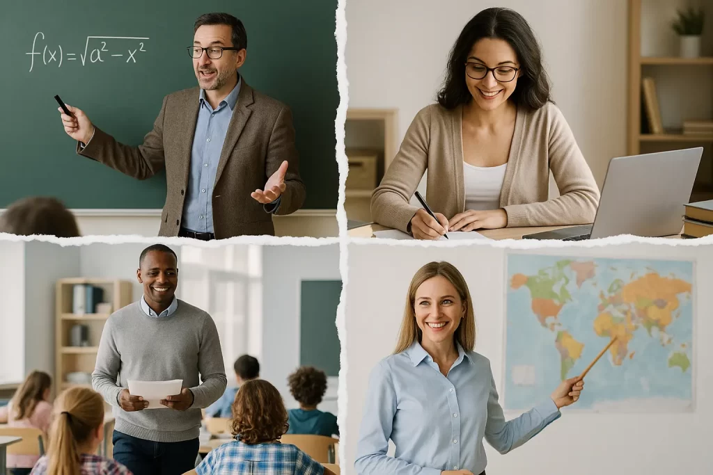 foto divisa in 4 parti come un foglio strappato in ognuna delle quali è rappresentato un docente in diversi momenti della sua attività lavorativa