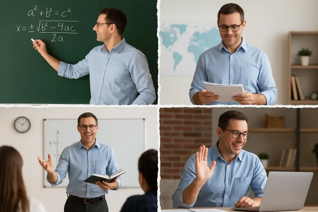 foto divisa in 4 parti come un foglio strappato in ognuna delle quali è rappresentato un docente in diversi momenti della sua attività lavorativa