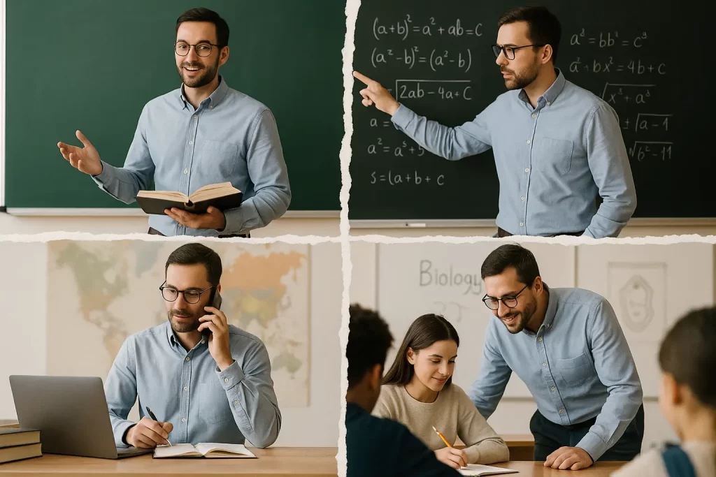 foto divisa in 4 parti come un foglio strappato in ognuna delle quali è rappresentato un docente in diversi momenti della sua attività lavorativa