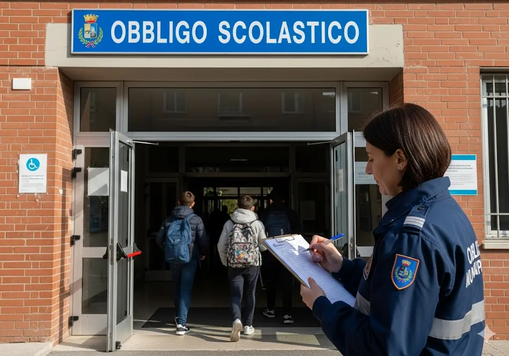 Obbligo scolastico: studenti che entrano a scuola controllati da un vigile