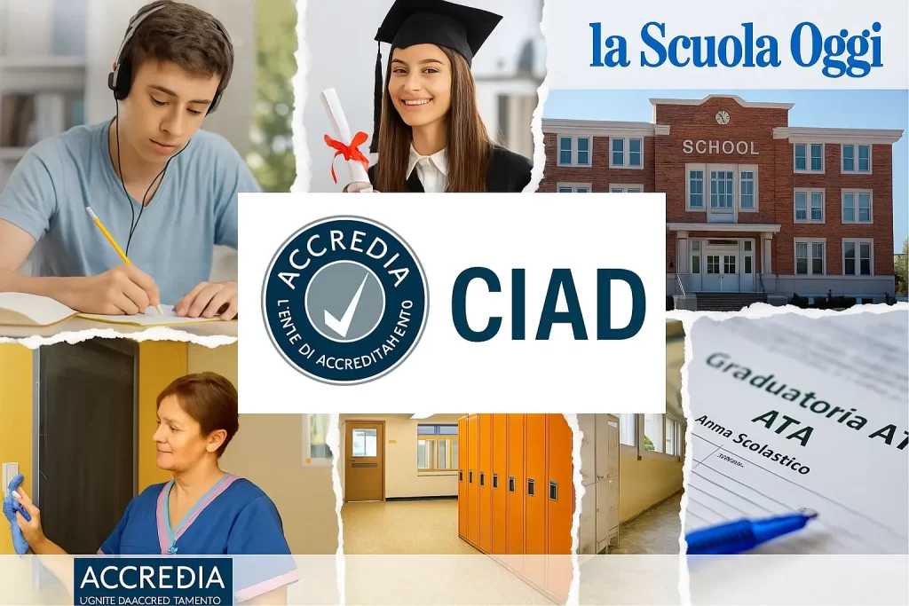 foto divisa in 6 parti con studente, neolaureata, scuola, corridoio scolastico, Collaboratrice scolastica al lavoro e graduatoria ATA. E un primo piano il logo di Accredia e la scritta CIAD