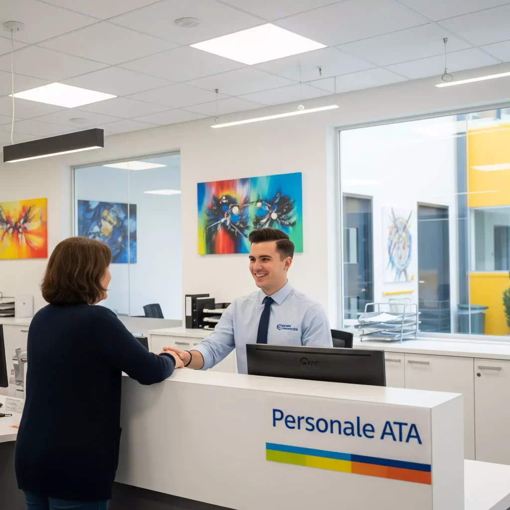 membro della segreteria con un genitore di un alunno