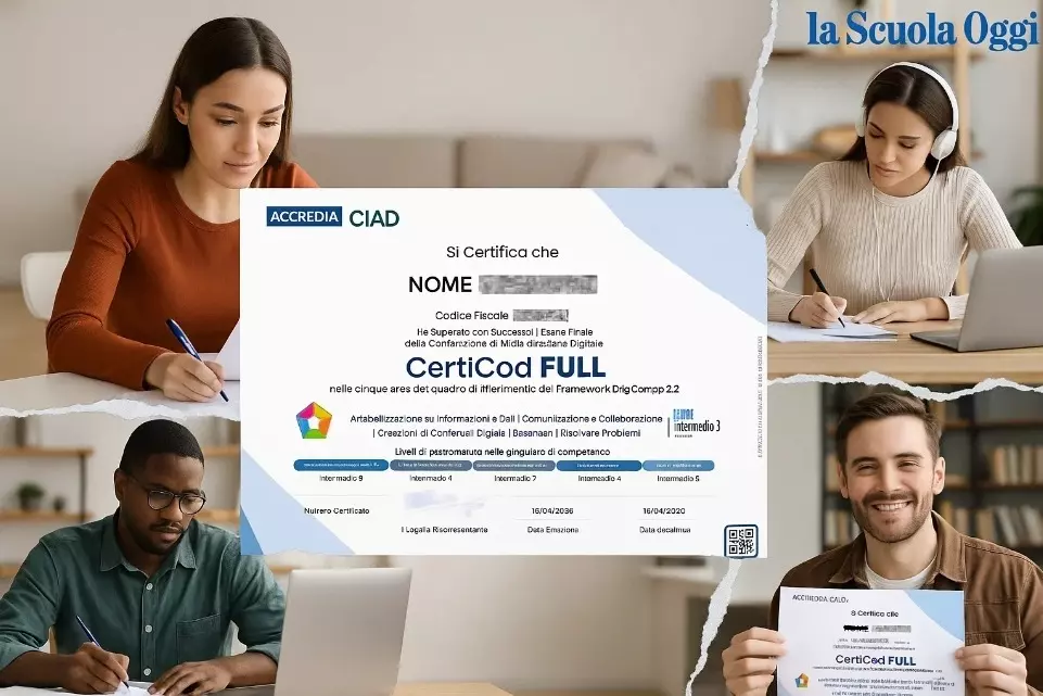 foto divisa in 4 parti con diversi aspiranti ATA alle prese con la CIAD. E in primo piano il fac simile della certificazione