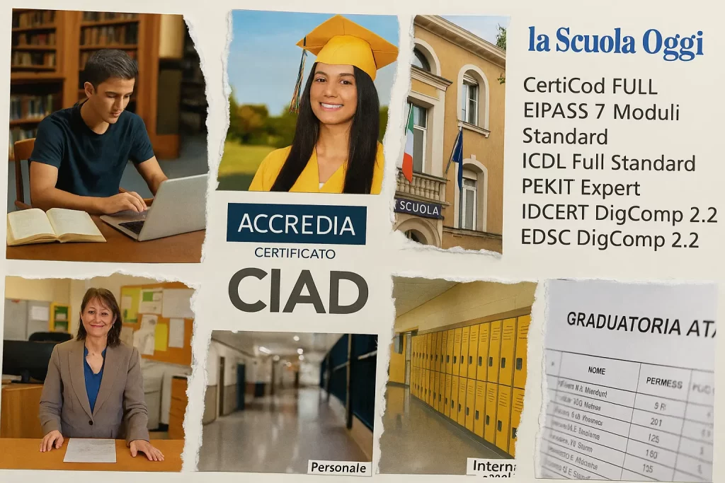 foto divisa in 8 parti, con scene di vita scolastica ed elenco delle principali CIAD