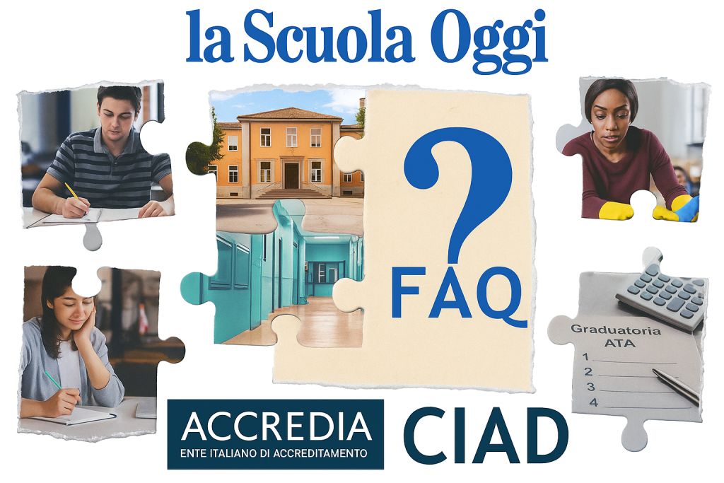 foto divisa in sei parti con scene di vita scolastica. Al centro un punto interrogativo e la scritta FAQ