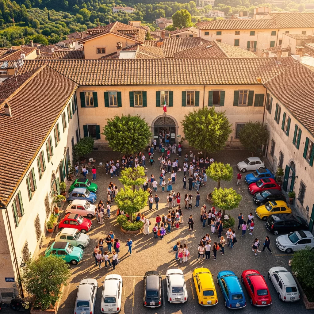 edificio scolastico (con alunni, docenti e auto parcheggiate) visto dall'alto