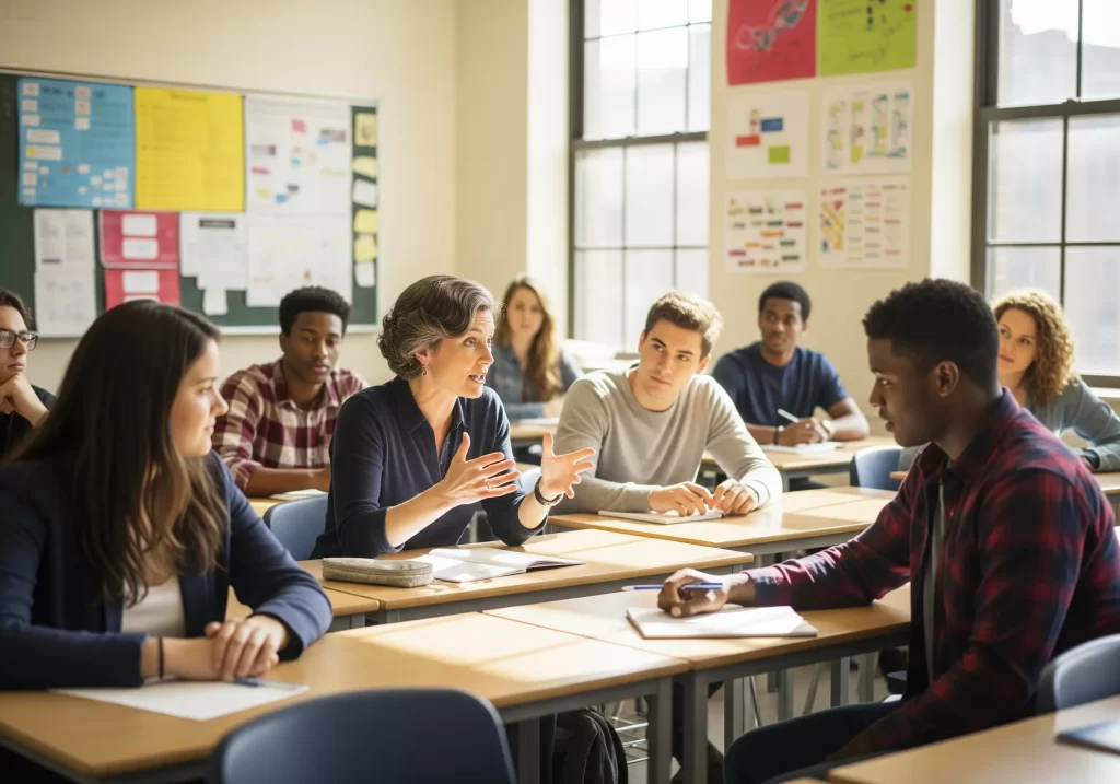 docente in classe seduta ad un banco in mezzo ad alcuni studenti