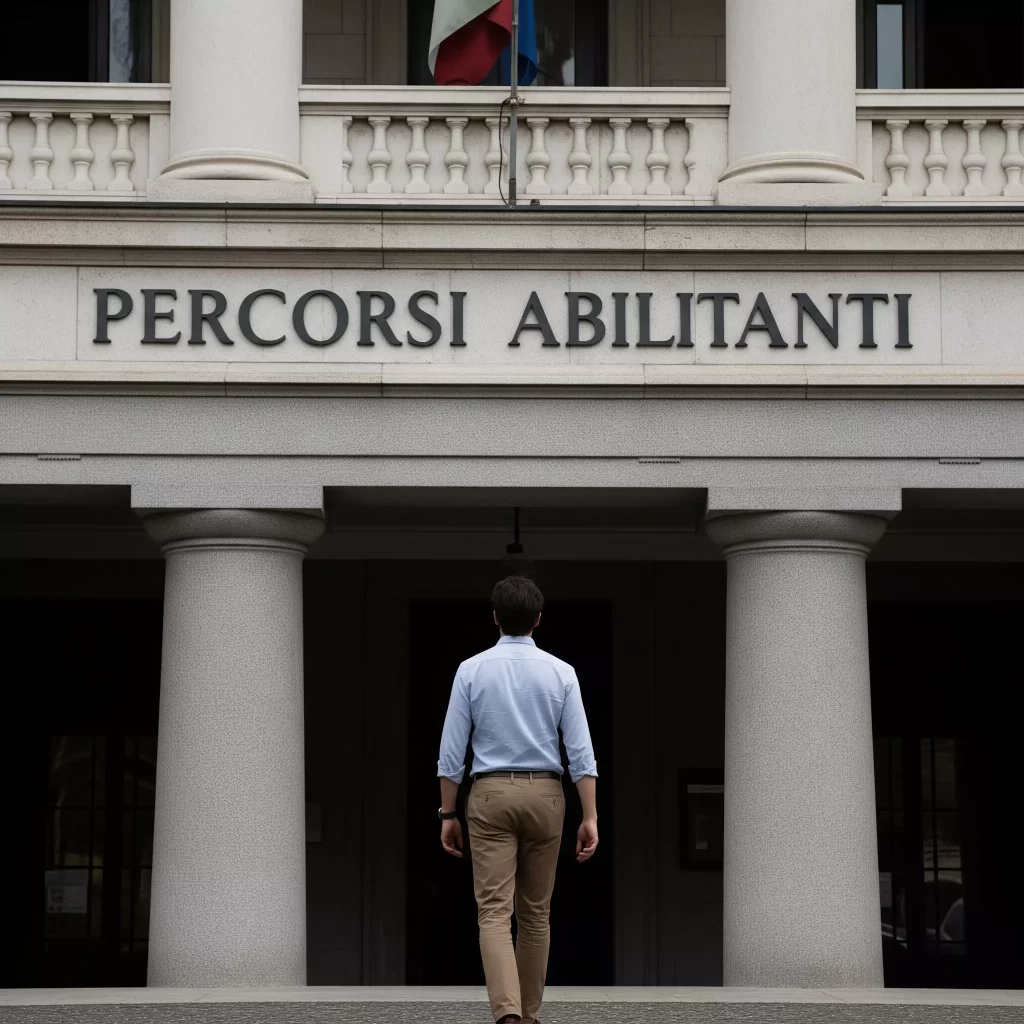 docente di spalle entra in un edificio con la scritta Percorsi abilitanti