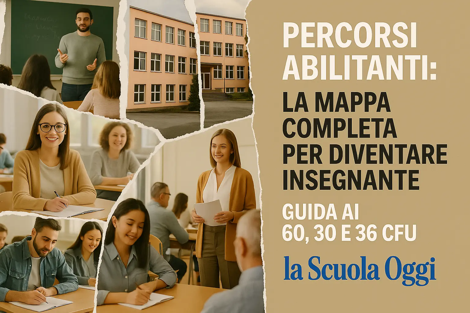 foto divisa in 6 parti, in ognuna delle quali è presente una scena relativa al mondo scolastico e ai percorsi abilitanti (docenti in aula, edificio scolastico, docenti durante i corsi da 60, 30 e 36 CFU). E in primo piano la scritta: "Percorsi Abilitanti: La Mappa Completa per Diventare Insegnante. Guida ai 60, 30 e 36 CFU"