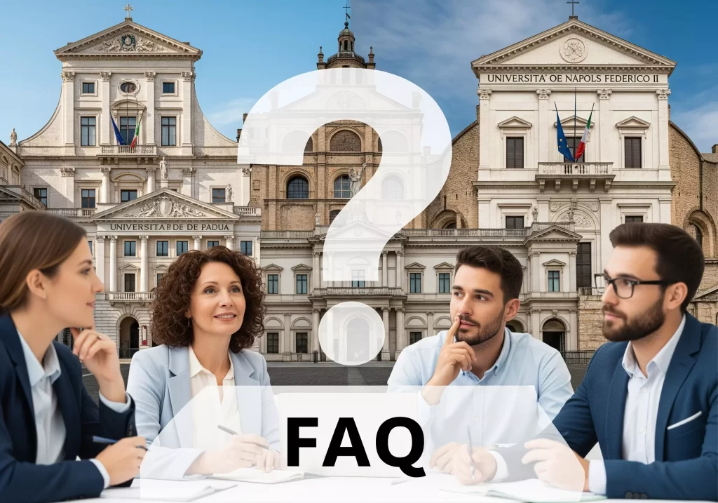 alcune università italiane e un gruppo di docenti. E in primopiano un grosso punto interrogativo e la scritta FAQ
