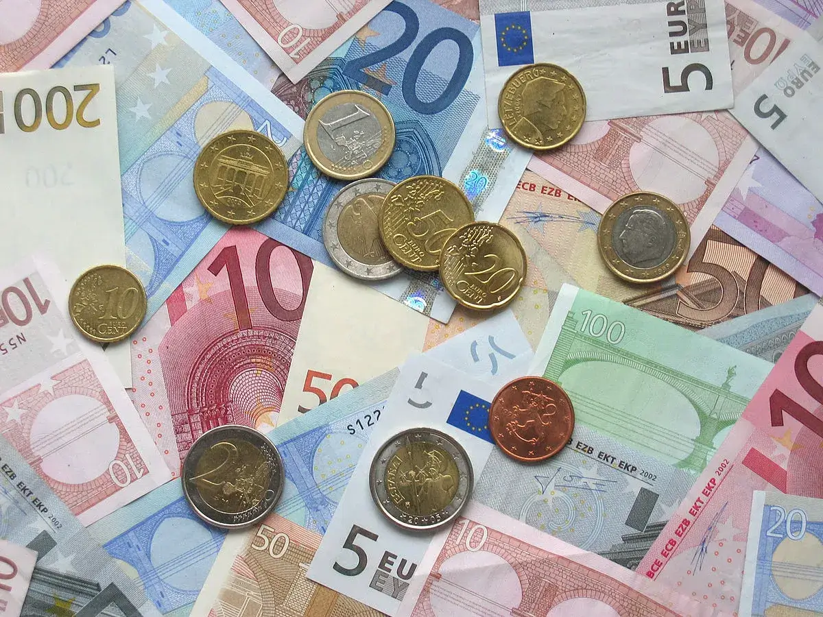 Delle monete di euro di vario taglio sopra delle banconote della stessa valuta