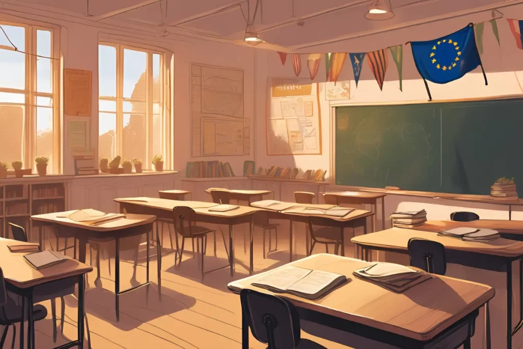 Un'aula vuota dove si è tenuta una lezione di educazione civica Sopra la lavagna c'è una bandiera della UE.