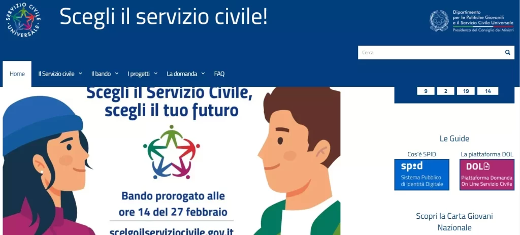 home page del portale ufficiale del Servizio Civile Universale