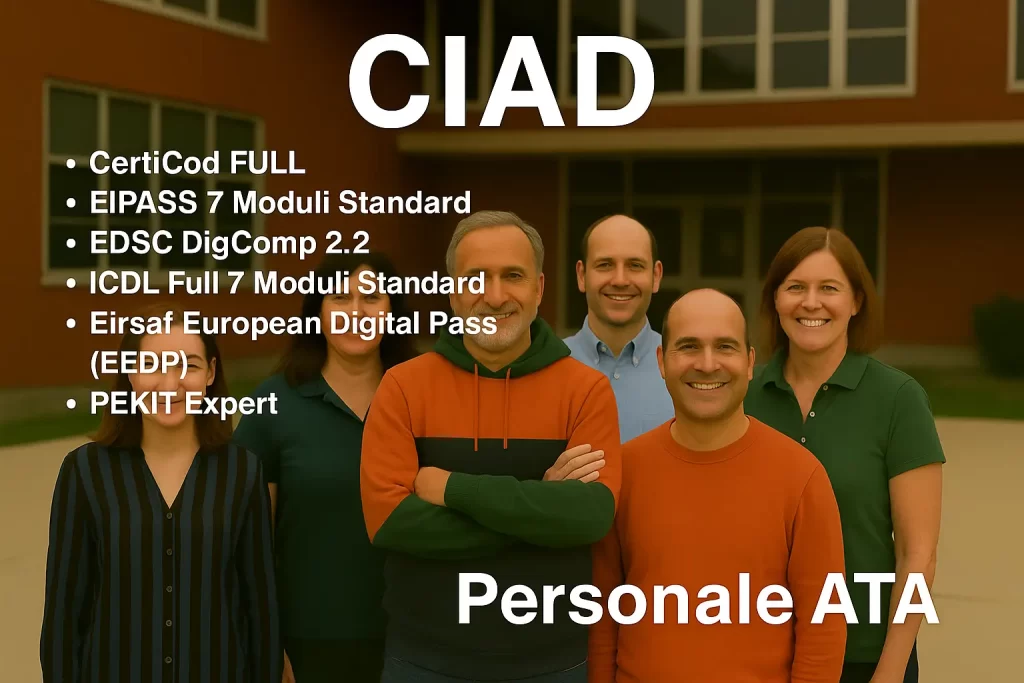 Personale ATA davanti ad una scuola e l'elenco delle CIAD valide
