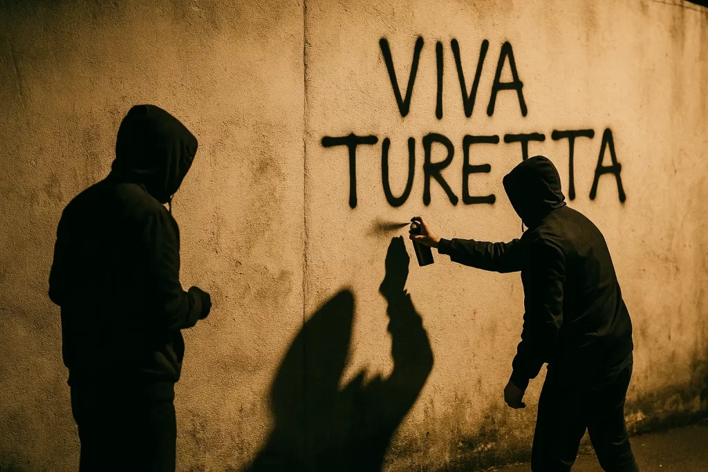 figure in ombra imbrattano un muro con la scritta "Viva Turetta"