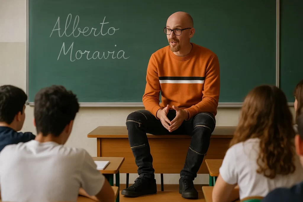 Un docente seduto sulla cattedra parla agli alunni