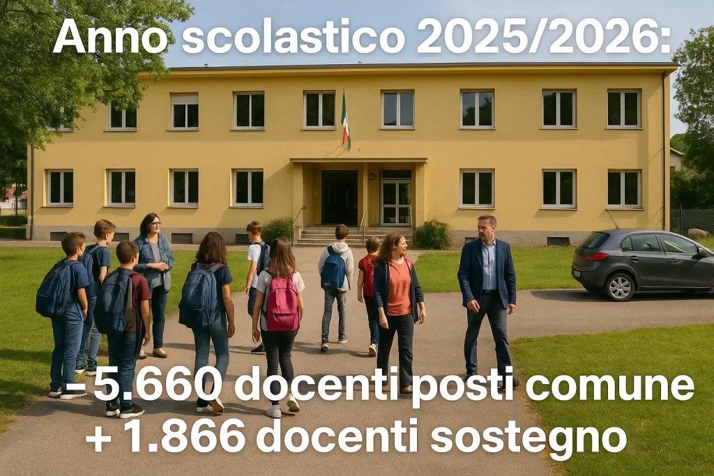 alunni e docenti davanti ad un edificio scolastico e in primo piano la scritta "Anno scolastico 2025/2026: - 5.660 docenti posti comune; + 1.866 docenti sostegno"