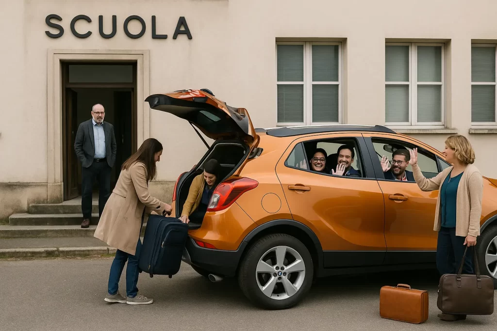 docenti caricano valigie in auto sotto lo sguardo rasseganto del DS
