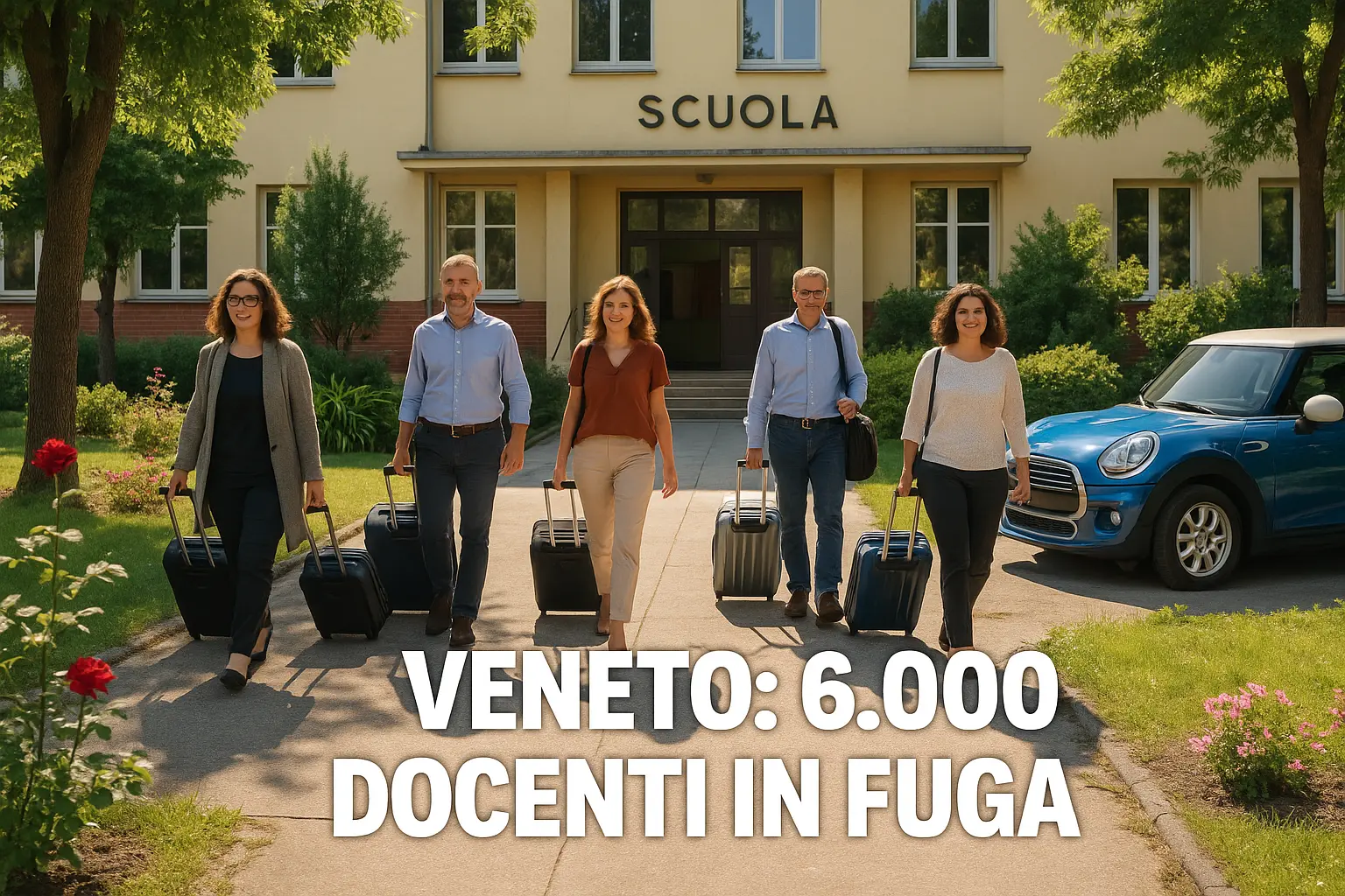 docenti con le valigie escono da una scuola e in primo piano la scritta "Veneto: 6.000 docenti in fuga"