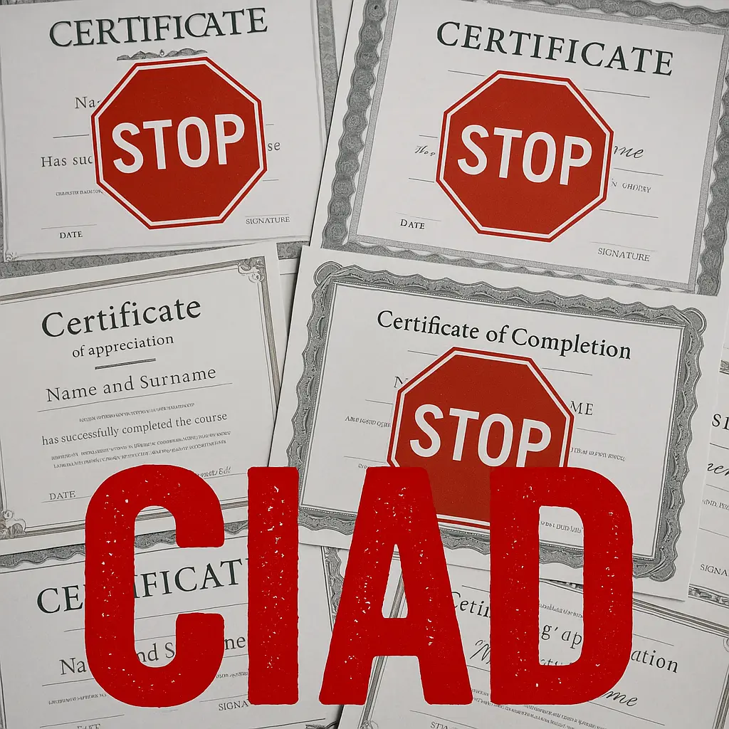 Certificazioni non valide con il simbolo STOP e in primo piano la scritta CIAD