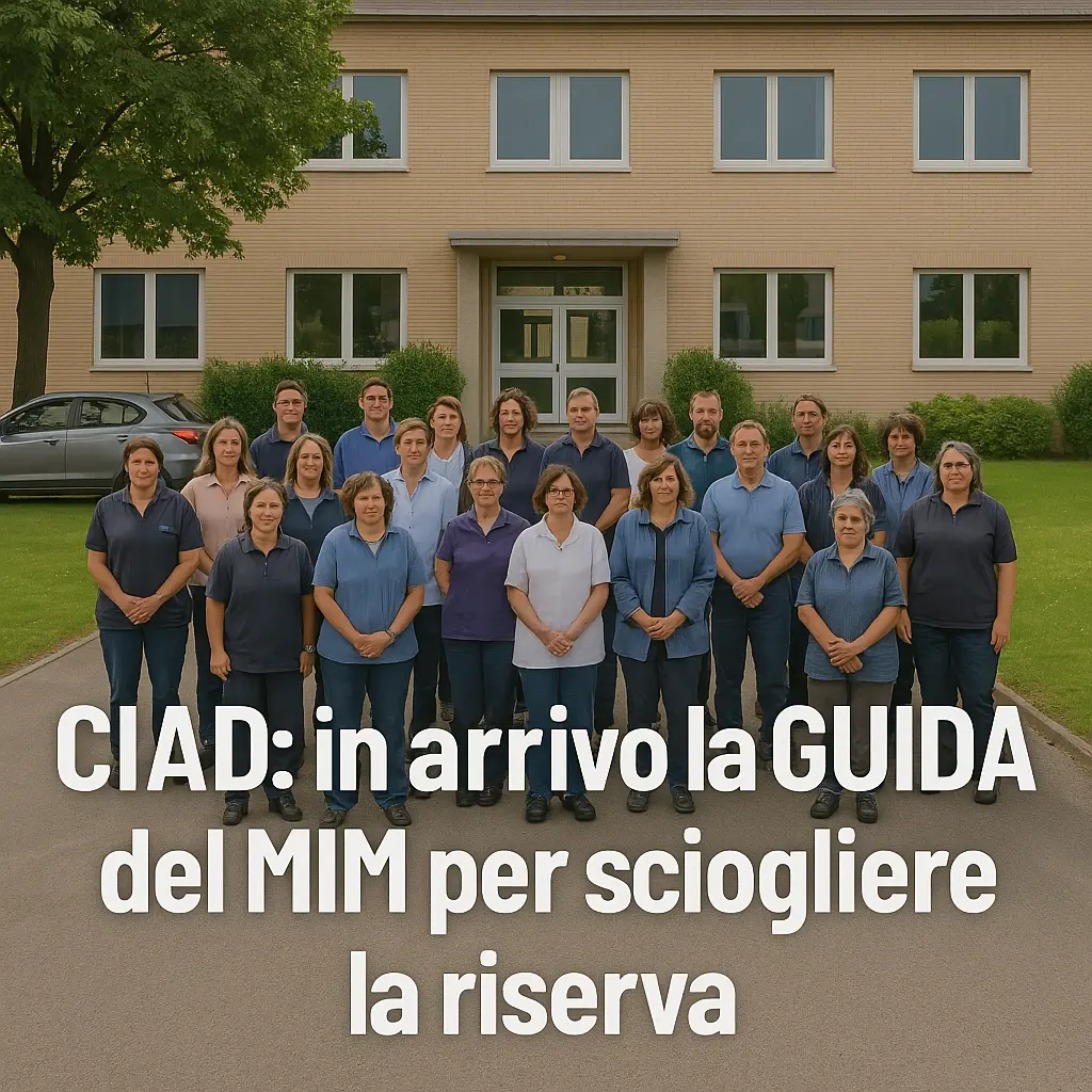 Gruppo di Personale ATA davanti ad una scuola con la scritta "CIAD: in arrivo la GUIDA del MIM per sciogliere la riserva"