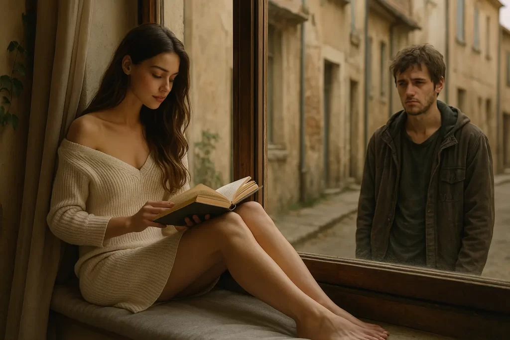 un ragazzo delulso e malvestito osserva una ragazza che legge un libro sul davanzale di una finestra