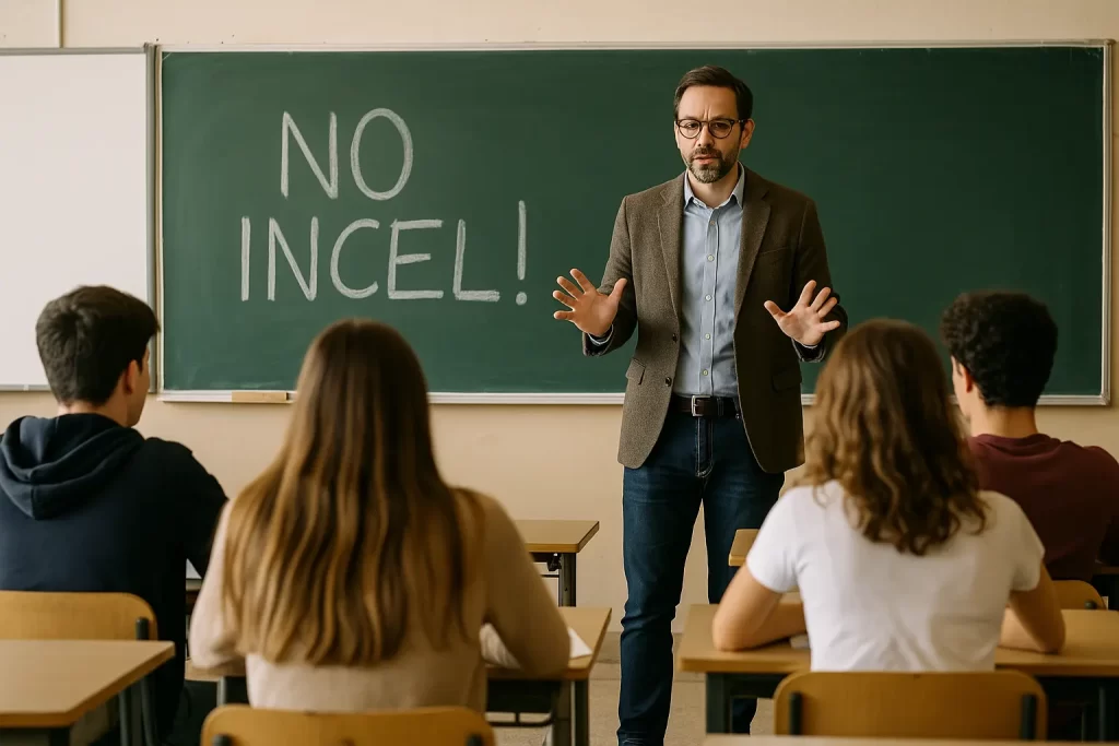 un docente in classe con gli alunni e sulla lavagna la scritta "No Incel!"