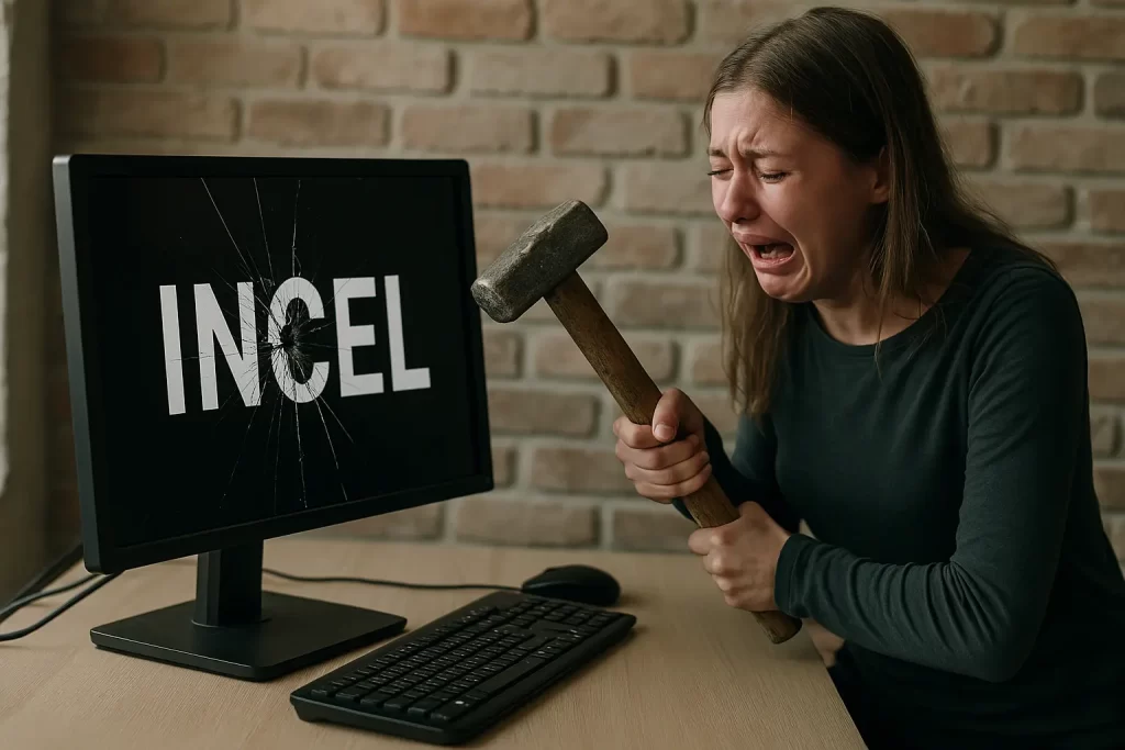 una ragazza in lacrime spacca un monitor con la scritta "Incel" con una mazza da muratore