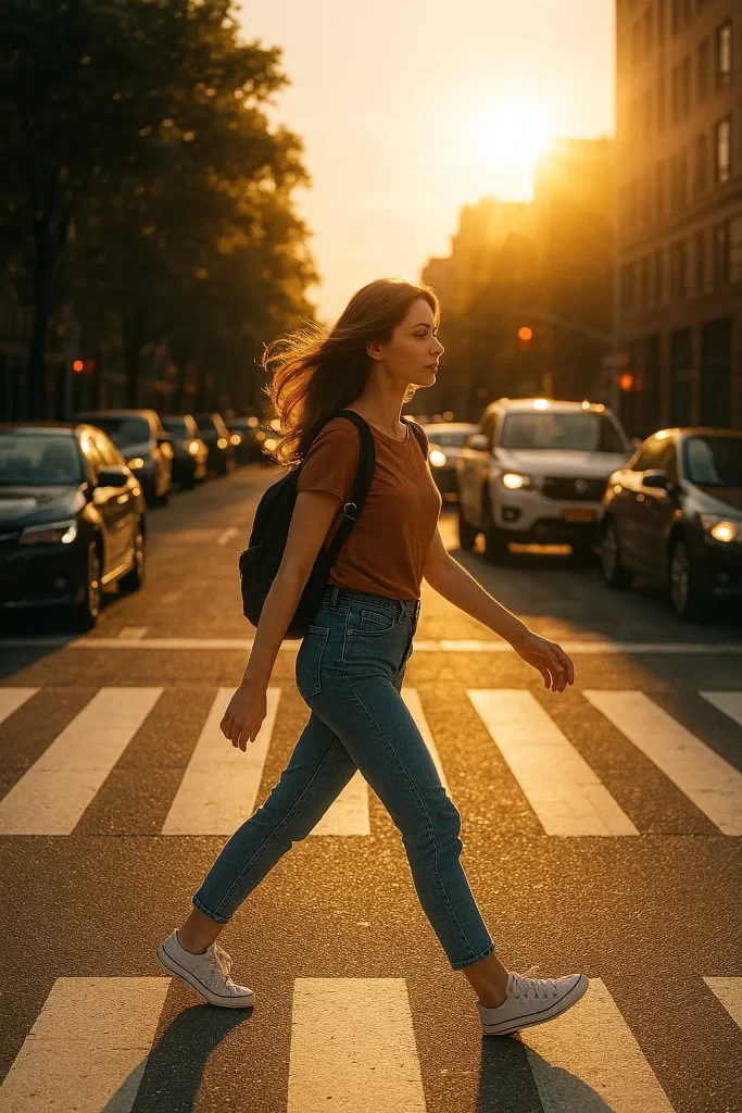 studentessa attraversa la strada con sullo sfondo il sole