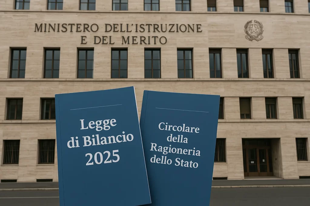 la sede del Ministero dell'Istruzione e del Merito e in primo piano un fascicolo con la Legge di bilancio 2025 e uno con la Circolare della Ragioneria dello Stato