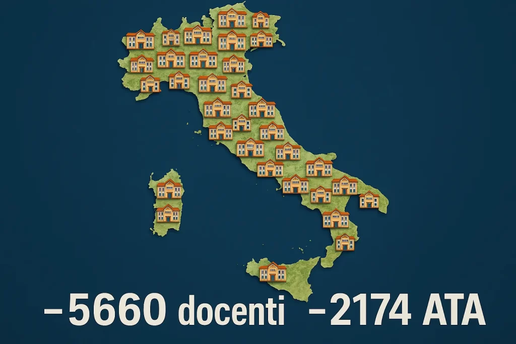 Cartina dell'Italia con edifici scolastici in evidenza e la scritta - 5660 docenti e - 2174 ATA