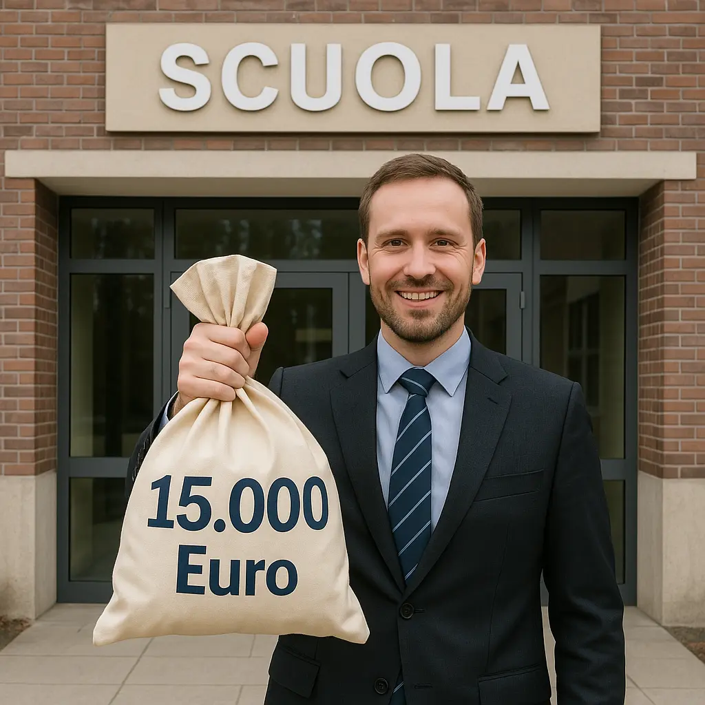 docente davanti ad una scuola con in mano un sacco con la scritta "15.000 euro"