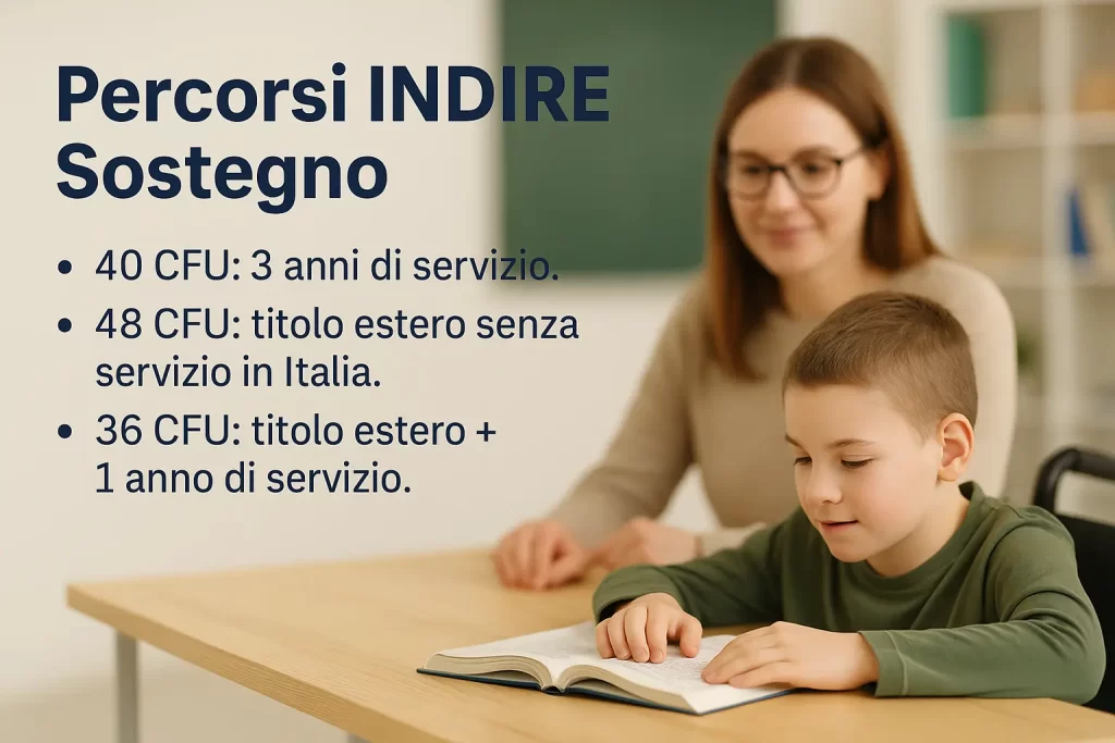 Una docente di sostegno vicino ad un alunno con disabilità e in primo piano le diverse tipologie di Percorsi INDIRE