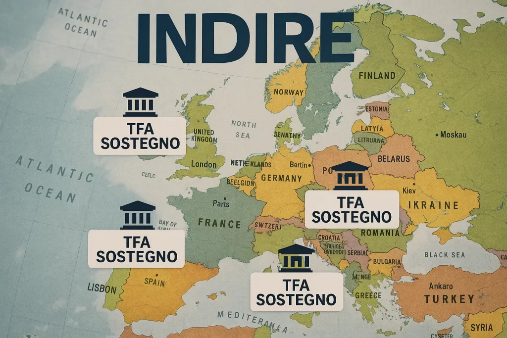 cartina dell'Europa con in evidenza alcune università estere per il TFA Sostegno e la scritta INDIRE