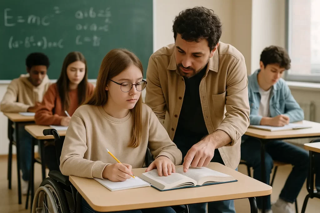 docente di sostegno assiste un'alunna con disabilità durante una lezione in classe