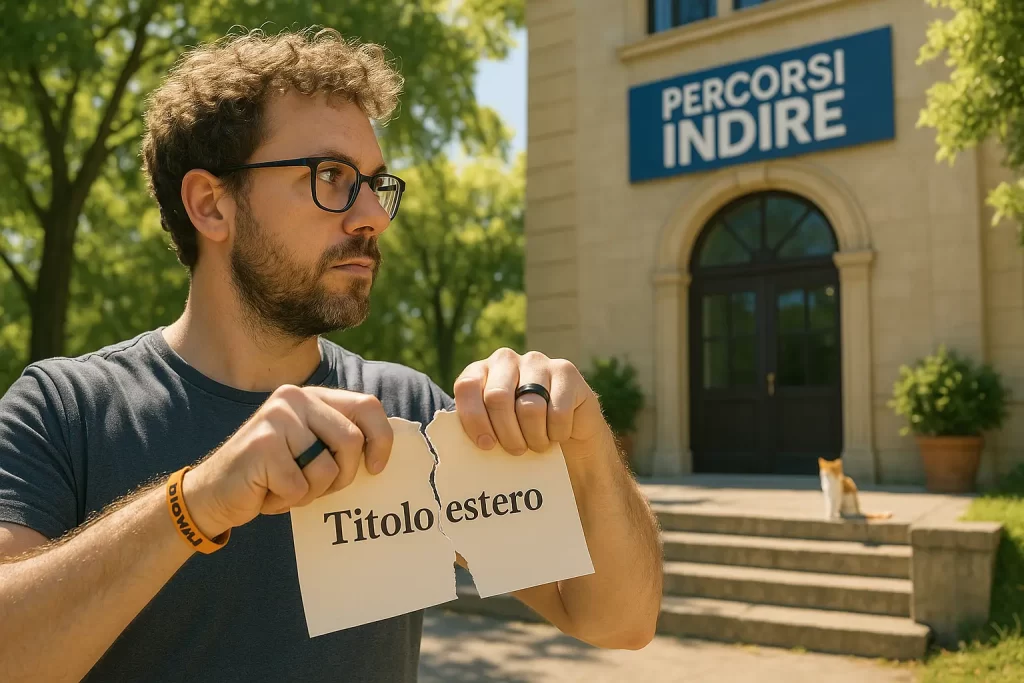 Docente strappa il titolo estero davanti ad un'università con la scritta Percorsi Indire