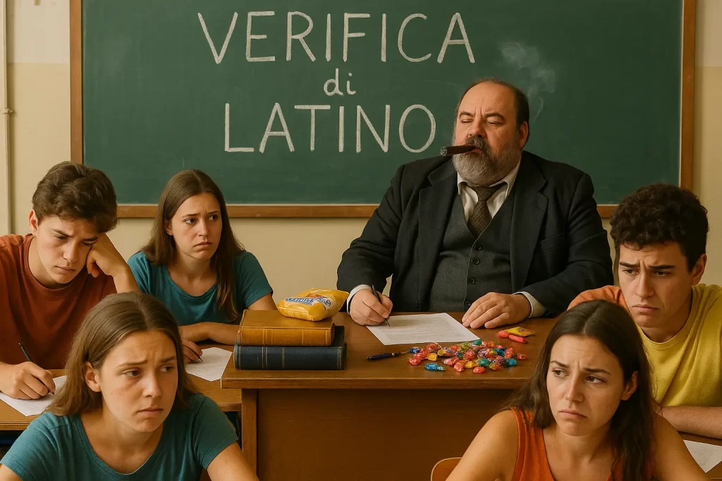 Docente fuma un sigaro in cattedra durante una verifica di latino scritta