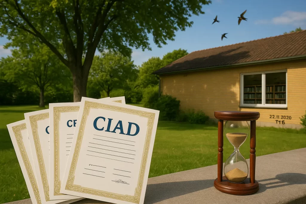 Alcune CIAD con sullo sfondo una scuola e con vicino una clessidra.