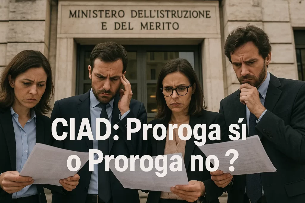 Funzionari del MIM davanti al Ministero consultano i dati per valutare la necessità di una proroga. In primo piano la scritta "CIAD: proroga sì o proroga no?"