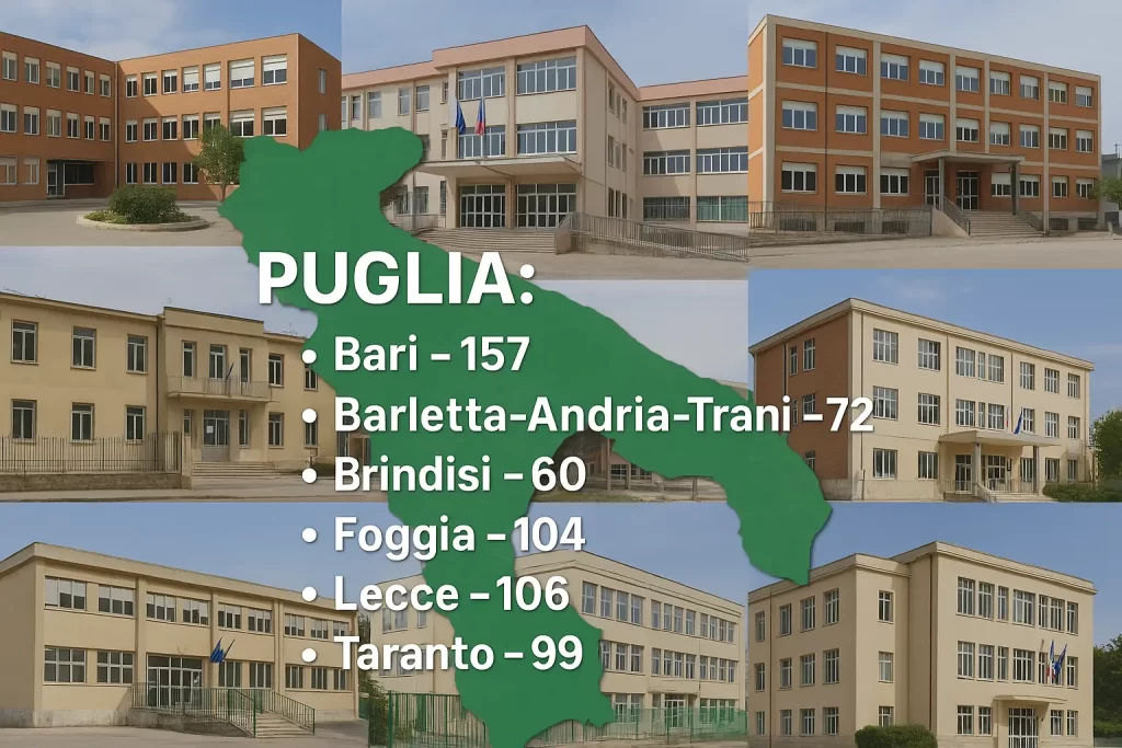 Edifici scolastici e cartina della Puglia con indicazione dei tagli previsti per ciascuna provincia