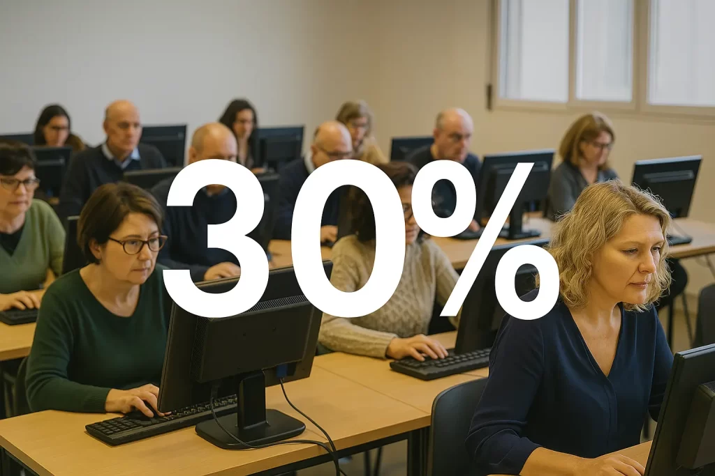 Docenti durante la prova scritta del concorso con in primo piano la scritta "30%"
