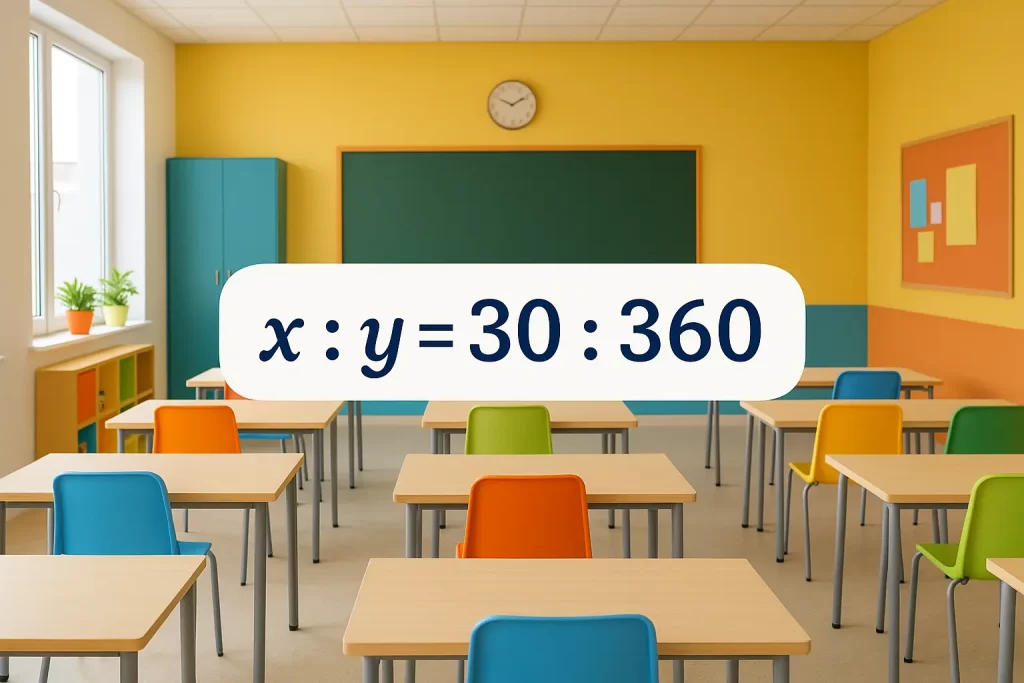 una classe vuota con in primo piano la scritta "x : y = 30 : 360"