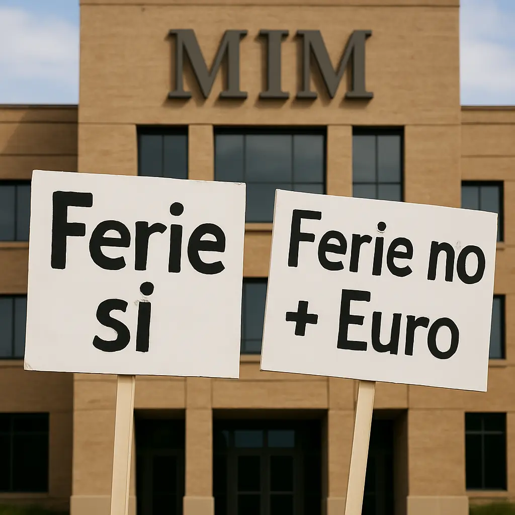 la sede del MIM e due cartelli con la scritta "Fersie si" e "Ferie no + Euro"