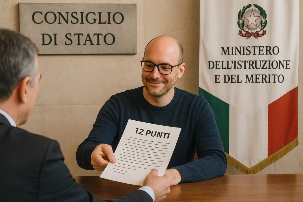Insegna del Consiglio di Stato e Stemma del MIM, mentre un uomo consegna ad un docente un documento con 12 punti