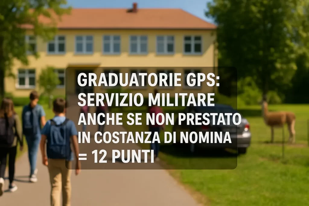 La scritta "Graduatorie GPS: servizio militare anche se non prestato in costanza di nomina = 12  punti" con sullo sfondo una scuola e alcuni alunni