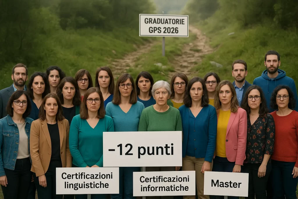 Un gruppo di docenti ai piedi di un sentiero su cui svetta la tabella Graduatorie GPS 2026, con vicino cartelli con le scritte - 12, Certificazioni linguistiche, Certificazioni informatiche e Master 
