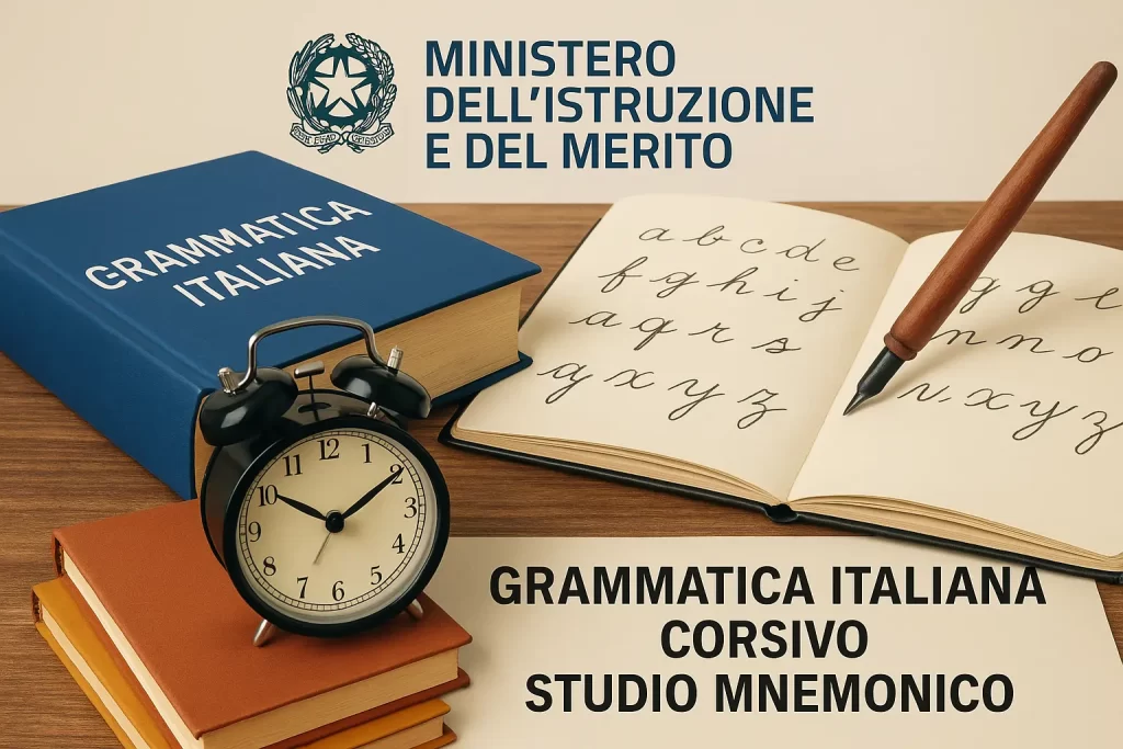 Un libro di Grammatica, un quaderno con esercizi di corsivo e una sveglia, con la scritta Grammatica italiana, corsivo, studio mnemonico